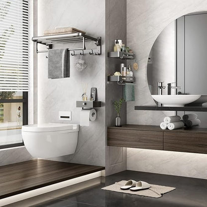 Bathroom Towel Rack with Towel Bar and Hooks 23.6 in Foldable Towel Shelf Wall Mounted Lavatory Towel Organizer Modern Gray Finish