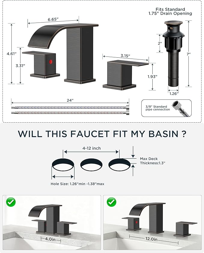FORIOUS Oil Rubbed Bronze Bathroom Faucets 3 Hole, Waterfall Square 8 Inch Widespread Bathroom Sink Faucet with Metal Pop-up Drain and Supply Lines, Two Handles for Vanity, RV, Farmhouse