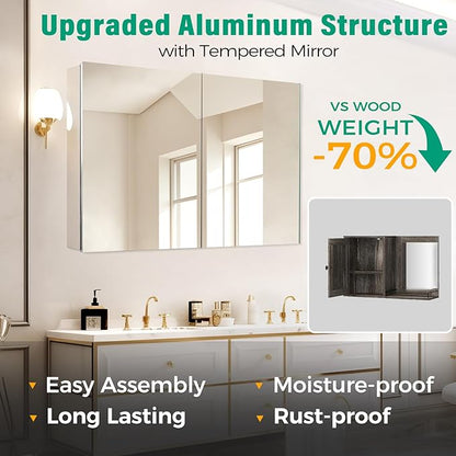 24 x 32 Inch Medicine Cabinet Mirror,Bathroom Mirror Cabinet with Adjustable Shelves,Aluminum Silver Medicine Cabinets for Bathroom,Recessed or Wall Mounted Medicine Cabinets