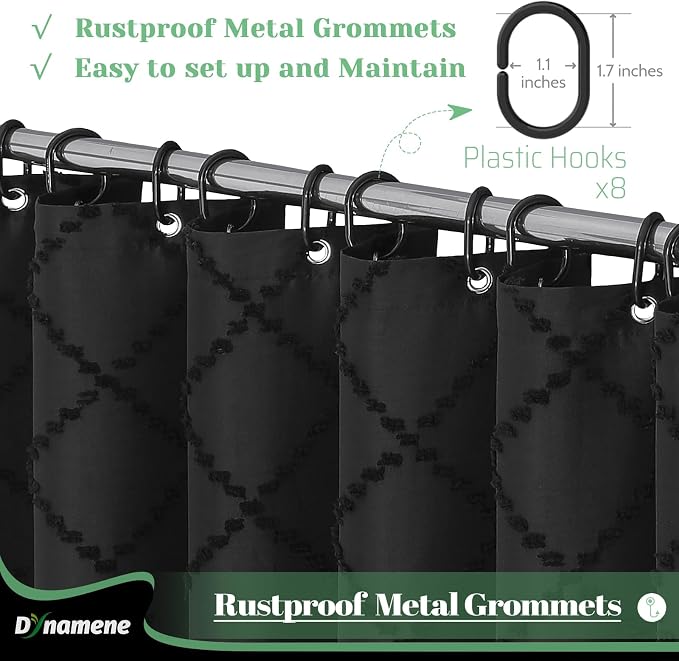 Stall Boho Farmhouse Shower Curtain Tufted Geometric 48"x72" Black | 48 Inch Wide, Elegant Tassel, Lightweight Textured Fabric, Water Repellent, Washable, for Narrow Bathroom/Dorm 8 Hooks
