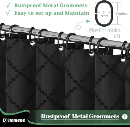 Stall Boho Farmhouse Shower Curtain Tufted Geometric 48"x72" Black | 48 Inch Wide, Elegant Tassel, Lightweight Textured Fabric, Water Repellent, Washable, for Narrow Bathroom/Dorm 8 Hooks