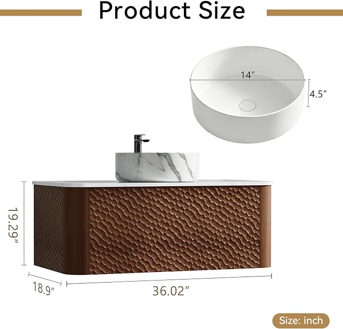 36 Inch Modern Bathroom Vanity with Ceramic Sink, Floating Bathroom Vanity Cabinet with Sintered Stone Top&Solid Wood Hammered Frame, Single Sink Bathroom Vanities w/Soft-Close Drawers,Walnut