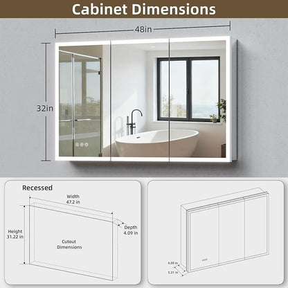 Medicine Cabinet with Lights, Bathroom LED Mirror Cabinet with Storage, Anti-Fog & 3 Color Lights, Recessed or Wall Mounted (48X32 in)