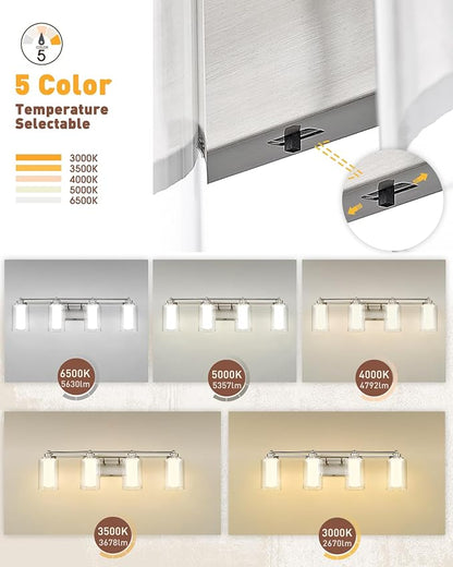 HWH Bathroom Vanity Light, Brushed Nickel, 4-Light, 5CCT, 5HLT63B-4W-LED BN | 4 Light Modern Bathroom Vanity Lights Over Mirror, Brushed Nickel Dimmable 24W LED, Dimmable Integrated LED Lighting