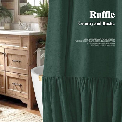 Farmhouse Shower Curtain Ruffle Linen Flax Dark Green 72" W x 72" L | Linen Fabric, Farmhouse Boho, Bottom Ruffle, Rustic, Country, Natural Look, Washable, Shower Curtain for Bathroom Bathtub
