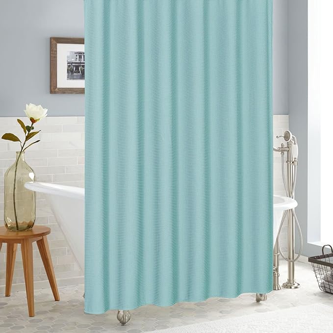 MitoVilla Teal Blue Cloth Shower Curtain 72 x 78, Turquoise Long Waffle Fabric Shower Curtains for Modern Luxury Bathroom Decor, Heavy Duty Hotel Spa Shower Curtains 78 inch Long