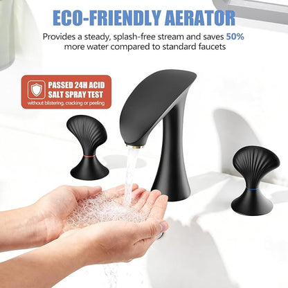 Matte Black Bathroom Faucet 3 Hole, 8 Inch Widespread Bathroom Sink Faucet for Vanity, 2 Handle Bathroom Faucets, Bathroom Vanity Faucet with Pop-Up Drain and Supply Hoses