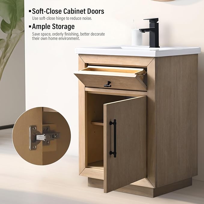 Vanity Art 24 inch Bathroom Vanity with Sink, Vanity Cabinet with Doors and Removable Shelf, Modern Wood Cabinet with Marble Top, Solid Wood Frame, Ceramic Sink,VA70-24-LW-E