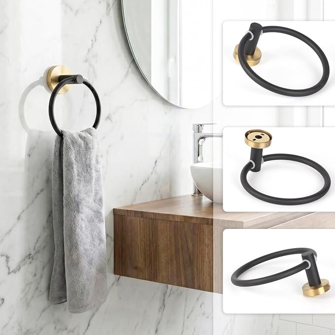 5-Piece Black Gold Bathroom Hardware Set, SUS304 Stainless Steel Wall Mounted Bathroom Accessories, 24 Inch Towel Bar, Towel Ring, Toilet Paper Holder, 2 Hooks, Rustproof Modern Bathroom Fixtures
