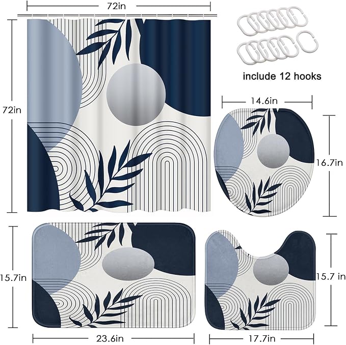 Bathroom Sets with Shower Curtain and Rugs, 4 Pcs, Boho Leaf | Abstract Mid Century Geometric Bathroom Decor Set with Toilet Lid Cover, Non-Slip Bath Mats and Accessories 12 Hooks