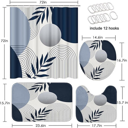 Bathroom Sets with Shower Curtain and Rugs, 4 Pcs, Boho Leaf | Abstract Mid Century Geometric Bathroom Decor Set with Toilet Lid Cover, Non-Slip Bath Mats and Accessories 12 Hooks