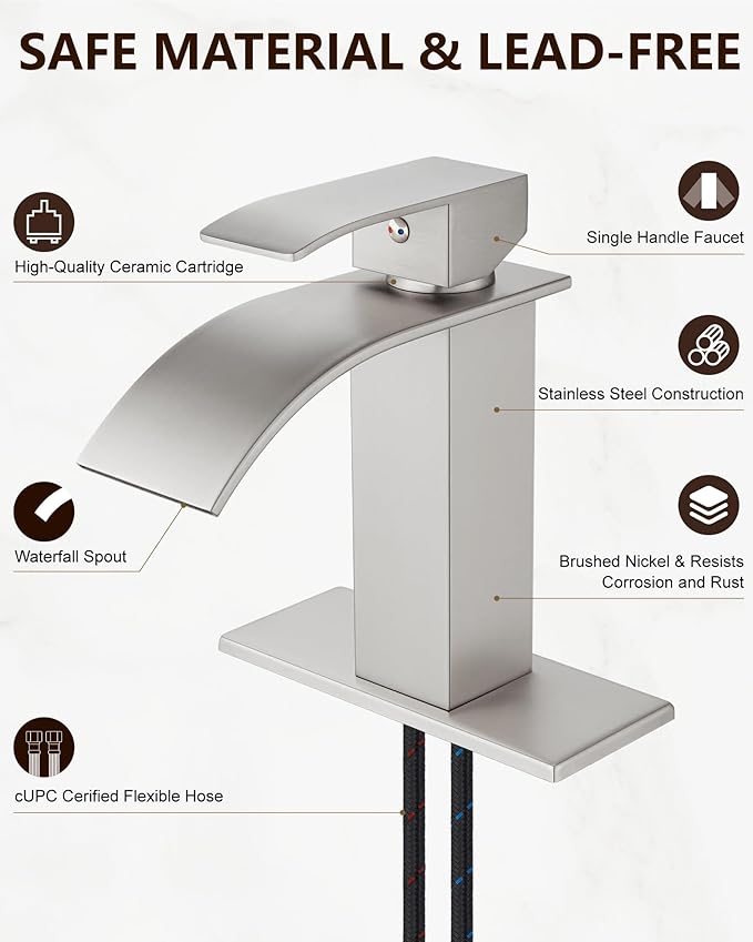 Midanya Bathroom Faucet with Waterfall Spout, Single Hole or 3-Hole Deck Mount, 304 Stainless Steel Sink Faucet with Pop-Up Drain, RV Vanity Compatible,Brushed Nickel