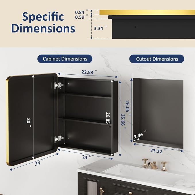 Medicine Cabinet Mirror 24x30 Inch, Gold Bathroom Mirror Cabinet with Stepless Adjustable Shelves, Stainless Steel Frame, Bathroom Mirror with Storage Recessed or Wall Mount