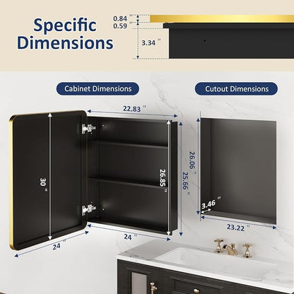 Medicine Cabinet Mirror 24x30 Inch, Gold Bathroom Mirror Cabinet with Stepless Adjustable Shelves, Stainless Steel Frame, Bathroom Mirror with Storage Recessed or Wall Mount