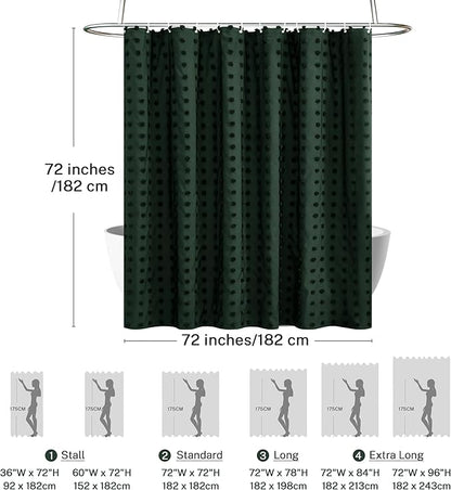 Boho Farmhouse Dark Green Shower Curtain Woven Fabric Shower Curtain, 72 x 72 Tufted Pleat Floral Puffs Textured Modern Farmhouse Minimalist Hunter Green Shower Curtain Set with Hooks for Bathroom