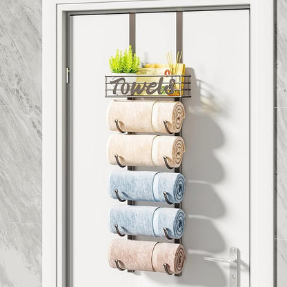 HapiRm Towel Racks for Bathroom Storage - 6 Tier Over The Door & Wall Mount Rolled Towel Storage Organizer Holder with Metal Shelf Basket for Small Bathroom, Camper, Rv - Patented