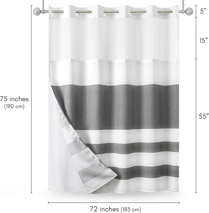 Americanflat 72x75 Hookless Shower Curtain - Water-Resistant Striped Shower Curtain with Sheer Panel, Snap-in Liner, and Durable Grommets - 100% Polyester - Grey and White