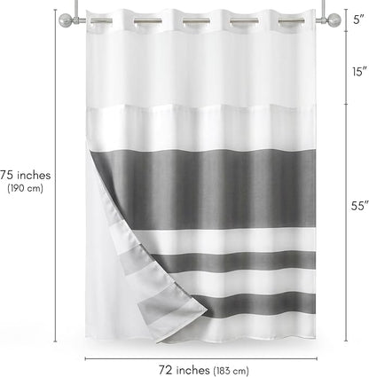 Americanflat 72x75 Hookless Shower Curtain - Water-Resistant Striped Shower Curtain with Sheer Panel, Snap-in Liner, and Durable Grommets - 100% Polyester - Grey and White