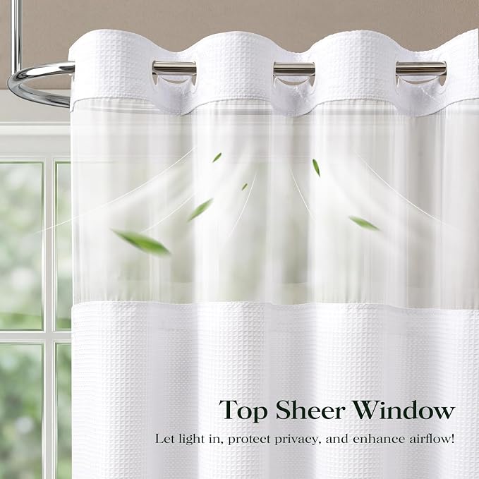 White Hook Free Waffle Shower Curtain & Snap-in Fabric Liner,72x75 | Less Time to install, 3 in 1 Fabric Shower Curtain and Liner Set with Magnets, Mesh Top Window, Shower Curtains for Bathroom