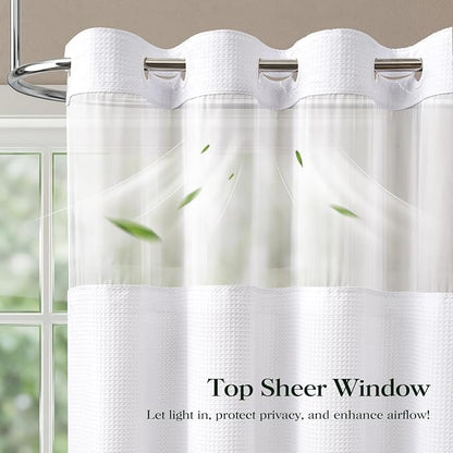 White Hook Free Waffle Shower Curtain & Snap-in Fabric Liner,72x75 | Less Time to install, 3 in 1 Fabric Shower Curtain and Liner Set with Magnets, Mesh Top Window, Shower Curtains for Bathroom