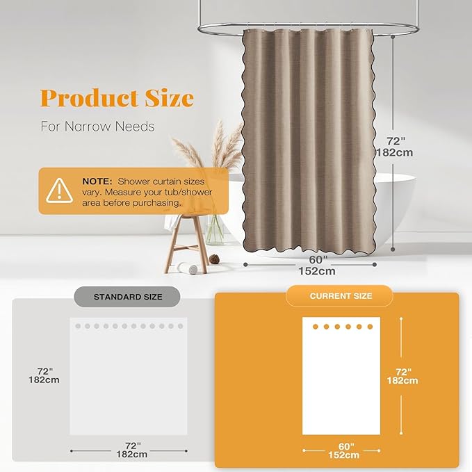 BTTN Stall Shower Curtain, 60×72 Boho Scalloped Linen Textured Heavy Duty Fabric Shower Curtain Set with 10 Hooks, Narrow Farmhouse Waterproof Washable Cloth Shower Curtains for Bathroom, Tan/Taupe