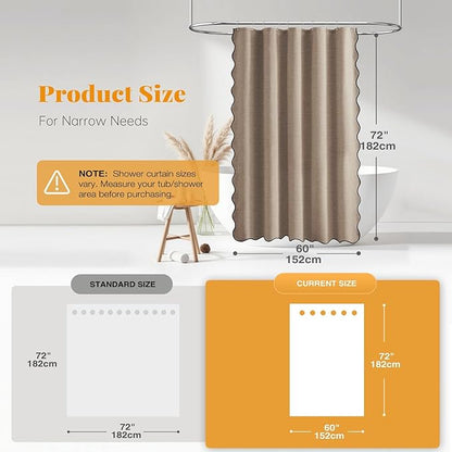 BTTN Stall Shower Curtain, 60×72 Boho Scalloped Linen Textured Heavy Duty Fabric Shower Curtain Set with 10 Hooks, Narrow Farmhouse Waterproof Washable Cloth Shower Curtains for Bathroom, Tan/Taupe