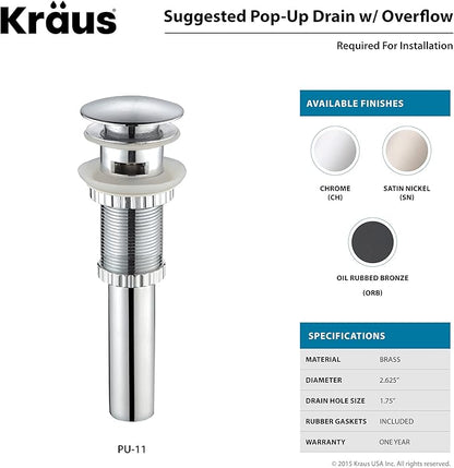 Kraus KCR-281-CH Modern Elavo Ceramic Square Semi-Recessed Bathroom Sink with Overflow and Pop Up Drain, Chrome/White 16.25