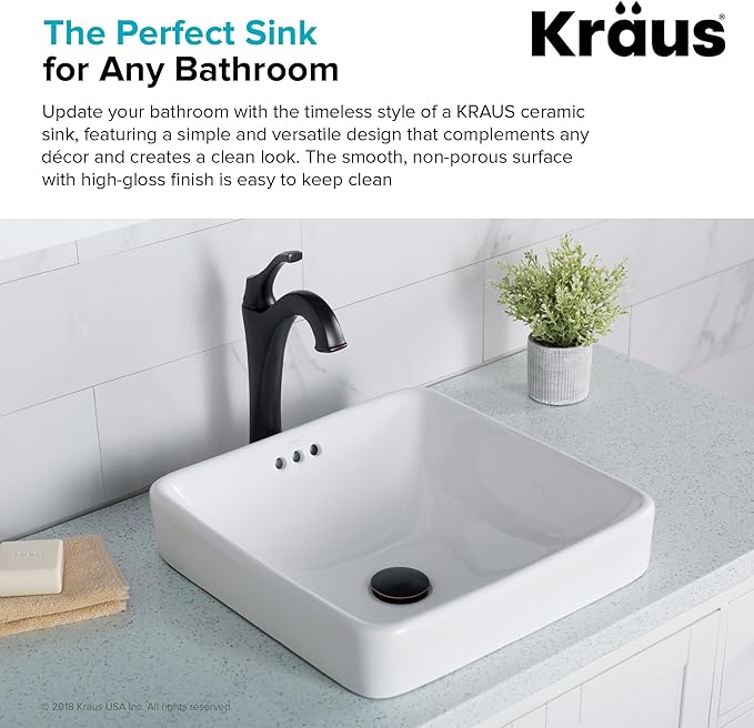 KRAUS Elavo Square Semi-Recessed Vessel White Porcelain Ceramic Bathroom Sink with Overflow, 16 1/2 inch KCR-281