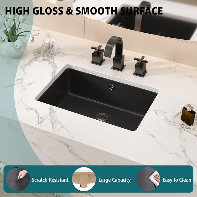 Black Ceramic 18"x12" Undermount Bathroom Lavatory Sink | Rectangle under counter black bathroom vessel sink for bathroom with overflow