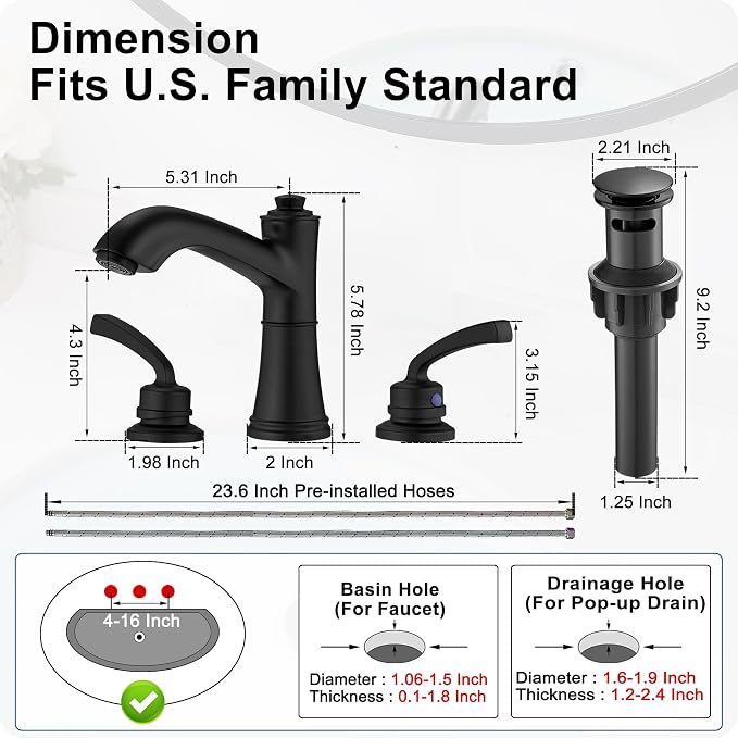 Brass Black Widespread Bathroom Faucet 3 Hole, 8 Inch Farmhouse Black Bathroom Sink Faucet 2 Handle with Pop up Drain & Pre-Installed Water Hose