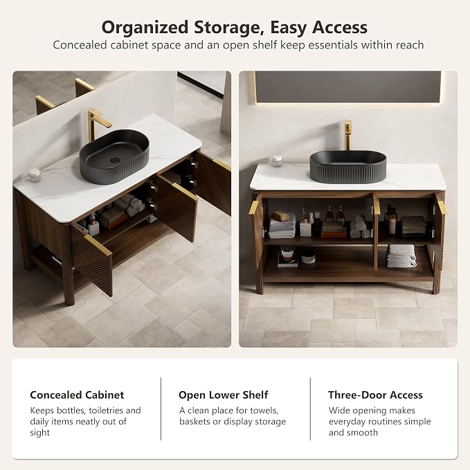 Yayzy 48 Inch Bathroom Vanity with Sink, Freestanding Dark Walnut Bathroom Cabinet, Matte Black Oval Vessel Sink, Carrara White Sintered Stone Countertop, Soft Close Doors, Open Storage Shelf