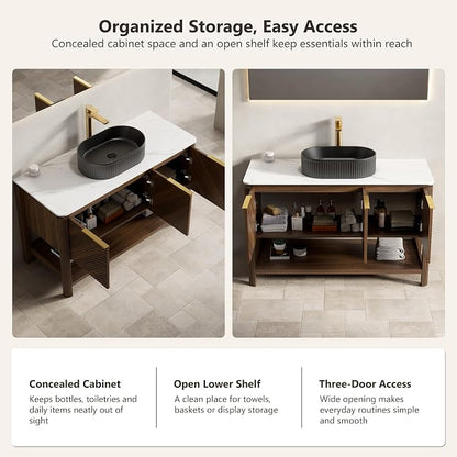 Yayzy 48 Inch Bathroom Vanity with Sink, Freestanding Dark Walnut Bathroom Cabinet, Matte Black Oval Vessel Sink, Carrara White Sintered Stone Countertop, Soft Close Doors, Open Storage Shelf