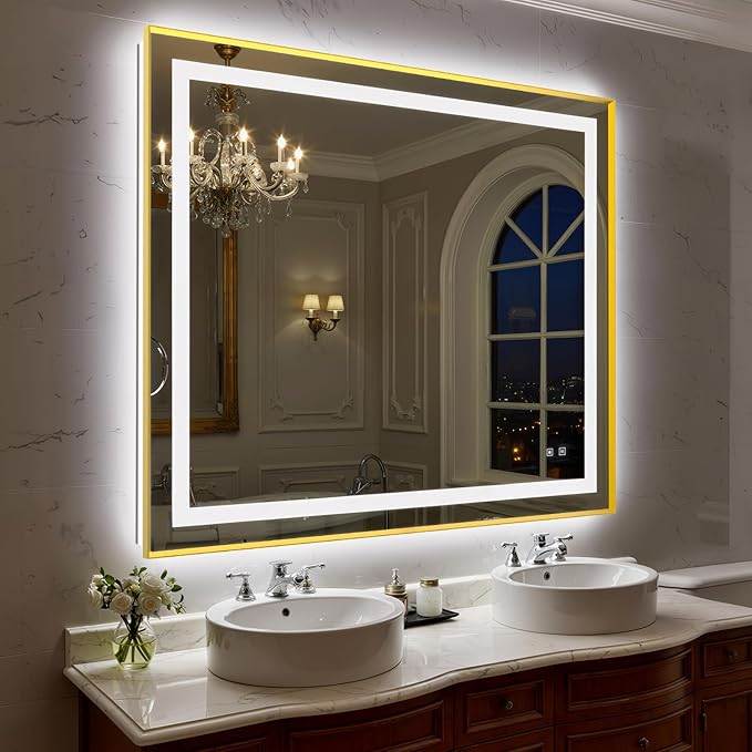 48X40 Inch LED Bathroom Mirror with Lights, Gold Frame Frontlit+ Backlit Bathroom Vanity Mirror for Wall, Ultra-Clear Tempered Glass, Shatter-Proof, Anti-Fog and Memory Function, ETL Listed | Bathroom Vanity Mirror for Wall, Ultra-Clear Tempered Glass,...