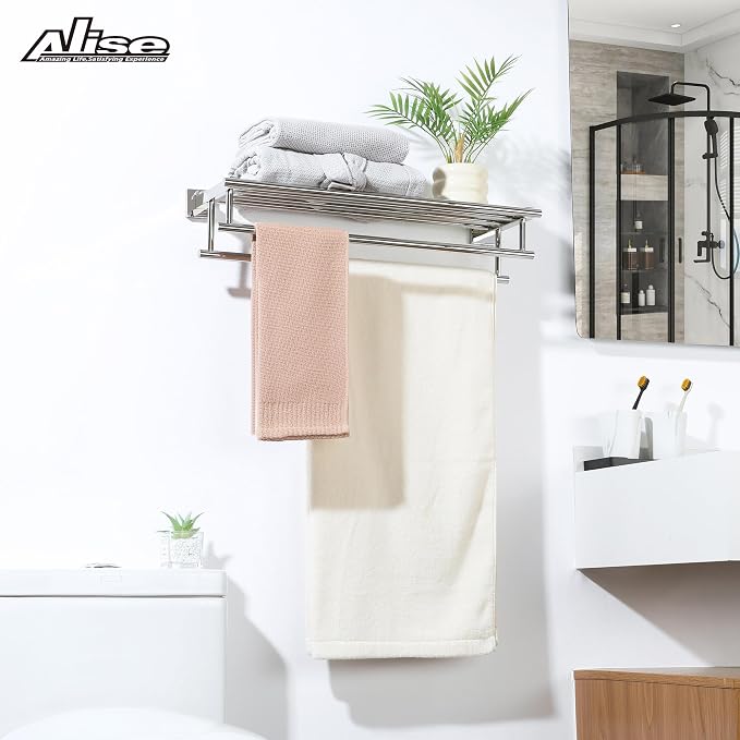 Alise Double Towel Rack for Bathroom Wall Mounted 24 Inch,Polished Chrome | Bathroom Tower Holder Towel Shelf with Double Towel Bars,SUS304 Stainless Steel Towel Rack with Shelf