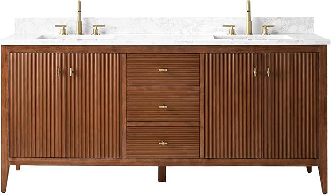 Vanity Art 72 inch Bathroom Vanity with Double Sink & Ceramic Top, Vanity Cabinet with Soft-Closing Door, Solid Wood Frame, Linear Pattern, Walnut, Golden Brushed Handware VA9172-DWalnut-GB