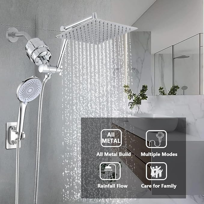 PROOX Filtered Shower Heads with Handheld Spray Combo, Rainfall Shower Head with 20 Stages Filter for Hard Water, Filtered Rain Shower Head for Hair And Skin, 12'' Adjustable Extension Arm, Chrome