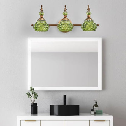 Vintage 3-Light Bathroom Vanity Light Fixtures, Modern Brass Vanity Wall Sconces Over Mirror with Green Glass Shade for Bathroom Bedroom Living Room