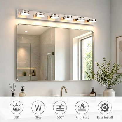 LED Modern Bathroom Vanity Light Fixtures 6-Light 47.24in 36W | LED Dimmable Bath Lights, Modern Wall Mounted Lighting Fixture with Rotating Lamp Head, Acrylic Metal, 5CCT Dimmable