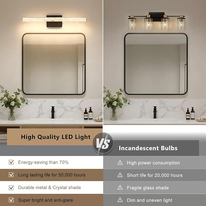24 Inch LED Bathroom Vanity Light Fixtures, 5CCT Color Changeable Modern Wall Sconce with Iceberg Crackle Acrylic, Dimmable Matte Black Vanity Lighting for Mirror Cabinet, Makeup & Restroom