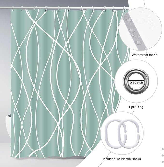 Striped Shower Curtain for Bathroom, Light Green, 72" W x 72" L | with Hooks, Modern Hotel Style, Water Repellent, Washable, Weighted Hem