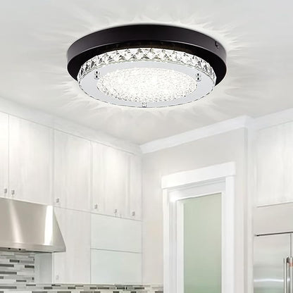 Crystal Flush Mount Ceiling Light Fixture 13 Inch LED Bathroom Ceiling Light Dimmable Black Hallway Light Fixture Round Close to Ceiling Light Small Crystal Chandeliers for Kitchen Launtry 4000K