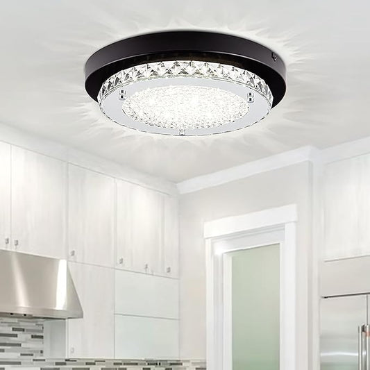Crystal Flush Mount Ceiling Light Fixture 13 Inch LED Bathroom Ceiling Light Dimmable Black Hallway Light Fixture Round Close to Ceiling Light Small Crystal Chandeliers for Kitchen Launtry 4000K