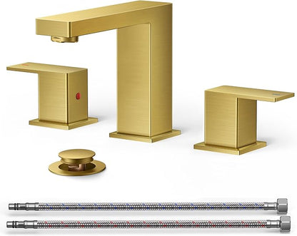 QFN Lead-Free Gold Bathroom Faucet 3 Hole, Square Bathroom Sink Faucet 8 Inch Widespread, 2 Handle for 6"-12" Vanity Sink with Metal Pop Up Drain and 24" cUPC Supply Hoses