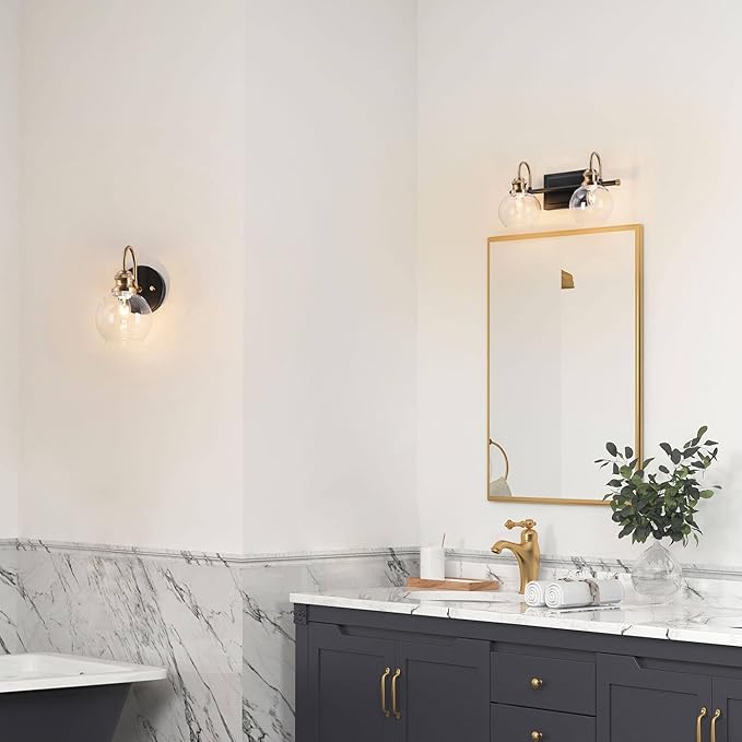 KSANA Black Gold Vanity Light, Modern 2-Light Bathroom Light Fixture with Clear Glass Globes, Electroplating Brass 14.5”L Vanity Lighting Over Mirror