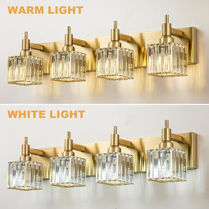 Gold Bathroom Light Fixtures, 4-Lights Crystal Bathroom Vanity Light Over Mirror Modern Gold Crystal Wall Light