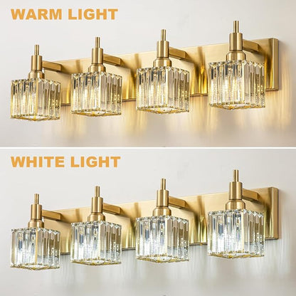 Gold Bathroom Light Fixtures, 4-Lights Crystal Bathroom Vanity Light Over Mirror Modern Gold Crystal Wall Light
