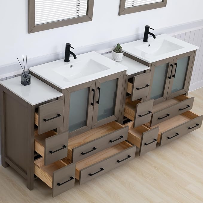 Vanity Art 84 Inch Under Mount Double Sink Bathroom Vanity Cabinet with 2 Mirrors, Ceramic Top Bathroom Cabinet Compact Set with 10 Dovetail Storage Drawers and Matte Black Handles, VA3030-84-DG