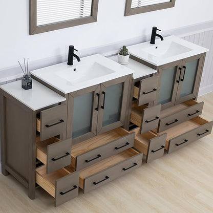 Vanity Art 84 Inch Under Mount Double Sink Bathroom Vanity Cabinet with 2 Mirrors, Ceramic Top Bathroom Cabinet Compact Set with 10 Dovetail Storage Drawers and Matte Black Handles, VA3030-84-DG