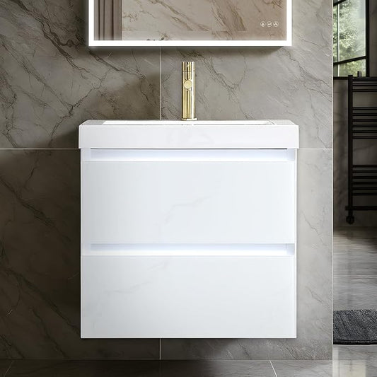 Blossom LED Lighted 24 inch Bathroom Vanity with Sink | Wall Mounted Floating Bathroom Vanity with Dimmable LED Lights | Modern Floating Design for Bathrooms | 36" w/Acrylic Sink, Calacatta White