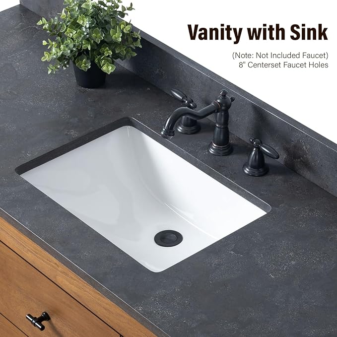 HOMEBEYOND 60" Bathroom Vanity with Single Sink & Ceramic Top, MDF Material Vanity Cabinet with Basin Combo, Soft-Closing Doors, Removable Shelf, Backsplash, Tan